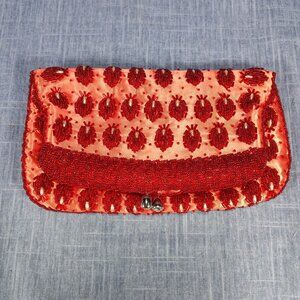 1950s Red Beaded Silk Fold Over Clutch Hand Beaded from Hong Kong